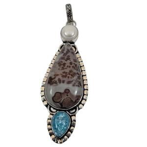 Silver Pendant with Leopardskin Jasper Blue Apatite and Pearl Handmade Necklace